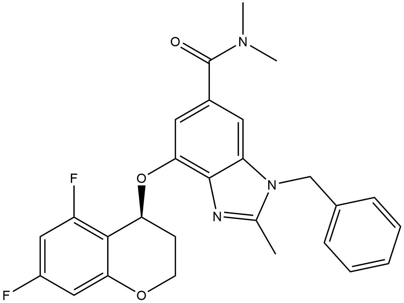 1H-Benzimidazole-6-carboxamide, 4-[[(4S)-5,7-difluoro-3,4-dihydro-2H-1-benzopyran-4-yl]oxy]-N,N,2-trimethyl-1-(phenylmethyl)- Structure