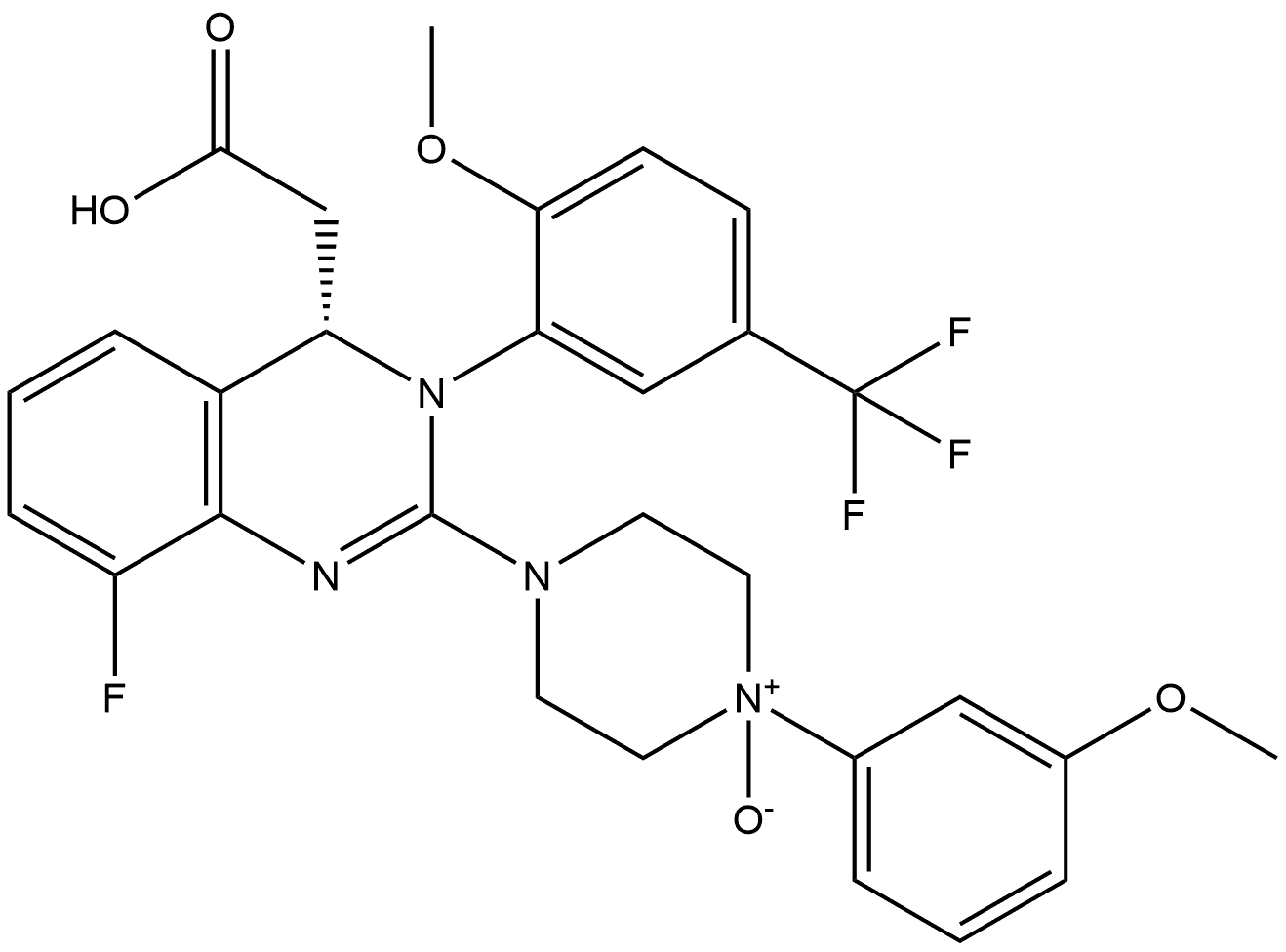 4-Quinazolineacetic acid, 8-fluoro-3,4-dihydro-2-[4-(3-methoxyphenyl)-4-oxido-1-piperazinyl]-3-[2-methoxy-5-(trifluoromethyl)phenyl]-, (4S)- Structure