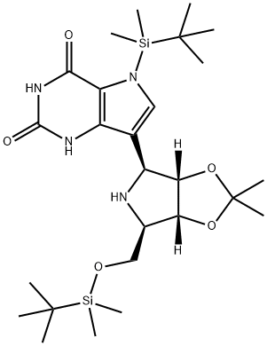 1H-Pyrrolo3,2-dpyrimidine-2,4(3H,5H)-dione, 5-(1,1-dimethylethyl)dimethylsilyl-7-(3aS,4S,6R,6aR)-6-(1,1-dimethylethyl)dimethylsilyloxymethyltetrahydro-2,2-dimethyl-4H-1,3-dioxolo4,5-cpyrrol-4-yl- Structure