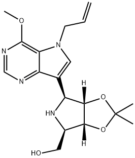 4H-1,3-Dioxolo4,5-cpyrrole-4-methanol, tetrahydro-6-4-methoxy-5-(2-propenyl)-5H-pyrrolo3,2-dpyrimidin-7-yl-2,2-dimethyl-, (3aR,4R,6S,6aS)- 구조식 이미지