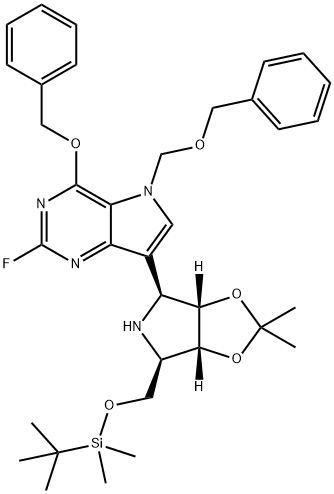 5H-Pyrrolo3,2-dpyrimidine, 7-(3aS,4S,6R,6aR)-6-(1,1-dimethylethyl)dimethylsilyloxymethyltetrahydro-2,2-dimethyl-4H-1,3-dioxolo4,5-cpyrrol-4-yl-2-fluoro-4-(phenylmethoxy)-5-(phenylmethoxy)methyl- 구조식 이미지