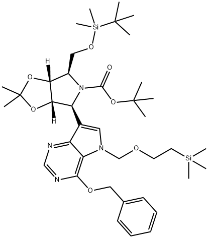 5H-1,3-Dioxolo4,5-cpyrrole-5-carboxylic acid, 4-(1,1-dimethylethyl)dimethylsilyloxymethyltetrahydro-2,2-dimethyl-6-4-(phenylmethoxy)-5-2-(trimethylsilyl)ethoxymethyl-5H-pyrrolo3,2-dpyrimidin-7-yl-, 1,1-dimethylethyl ester, (3aR,4R,6S,6aS)- Structure