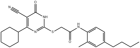 Acetamide, N-(4-butyl-2-methylphenyl)-2-[(5-cyano-4-cyclohexyl-1,6-dihydro-6-oxo-2-pyrimidinyl)thio]- 구조식 이미지