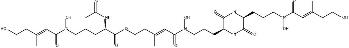 L-Ornithine, N2-acetyl-N5-hydroxy-N5-[(2E)-5-hydroxy-3-methyl-1-oxo-2-penten-1-yl]-, (3E)-5-[hydroxy[3-[(2S,5S)-5-[3-[hydroxy[(2E)-5-hydroxy-3-methyl-1-oxo-2-penten-1-yl]amino]propyl]-3,6-dioxo-2-piperazinyl]propyl]amino]-3-methyl-5-oxo-3-penten-1-yl ester Structure