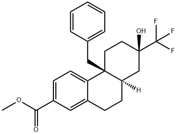 2-Phenanthrenecarboxylic acid, 4b,5,6,7,8,8a,9,10-octahydro-7-hydroxy-4b-(phenylmethyl)-7-(trifluoromethyl)-, methyl ester, (4bS,7R,8aR)- Structure