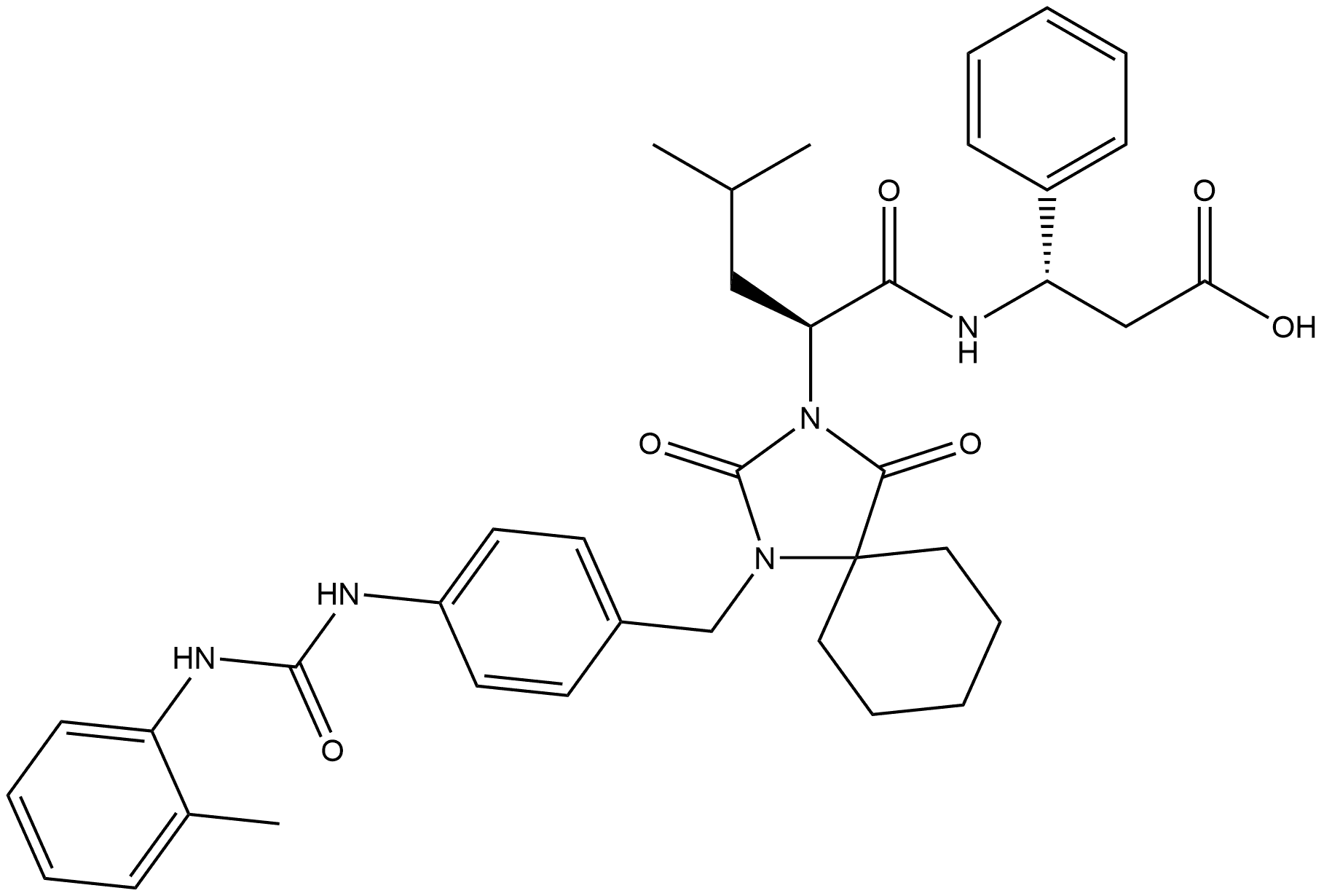 Benzenepropanoic acid, β-[[(2S)-4-methyl-2-[1-[[4-[[[(2-methylphenyl)amino]carbonyl]amino]phenyl]methyl]-2,4-dioxo-1,3-diazaspiro[4.5]dec-3-yl]-1-oxopentyl]amino]-, (βS)- Structure