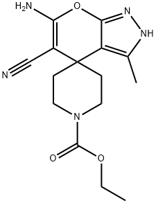 Spiro[piperidine-4,4'(2'H)-pyrano[2,3-c]pyrazole]-1-carboxylic acid, 6'-amino-5'-cyano-3'-methyl-, ethyl ester Structure