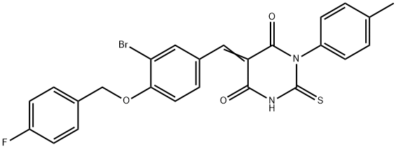 (5E)-5-[[3-bromo-4-[(4-fluorophenyl)methoxy]phenyl]methylidene]-1-(4-methylphenyl)-2-sulfanylidene-1,3-diazinane-4,6-dione Structure