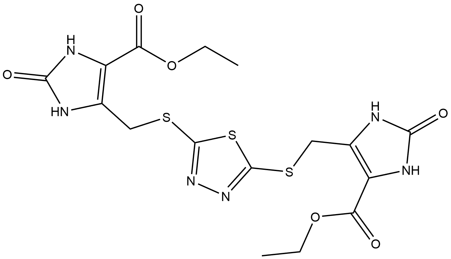 1H-Imidazole-4-carboxylic acid, 5,5′-[1,3,4-thiadiazole-2,5-diylbis(thiomethylene)]bis[2,3-dihydro-2-oxo-, diethyl ester Structure