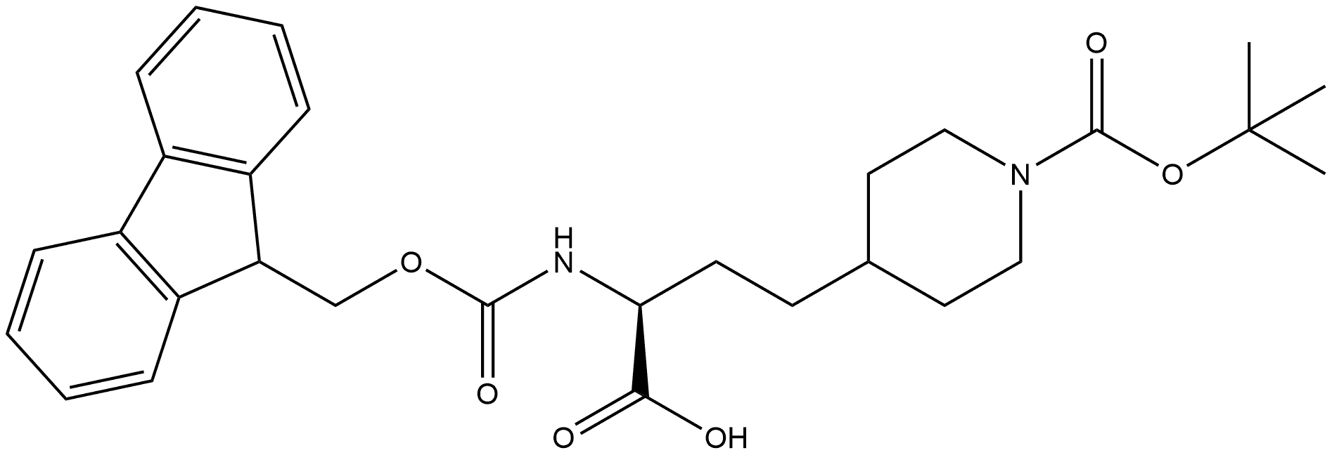 4-Piperidinebutanoic acid, 1-[(1,1-dimethylethoxy)carbonyl]-α-[[(9H-fluoren-9-ylmethoxy)carbonyl]amino]-, (αS)- Structure