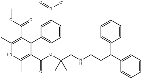 3,5-Pyridinedicarboxylic acid, 1,4-dihydro-2,6-dimethyl-4-(3-nitrophenyl)-, 3-[2-[(3,3-diphenylpropyl)amino]-1,1-dimethylethyl] 5-methyl ester Structure
