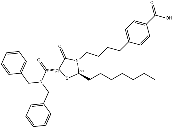 Benzoic acid, 4-[4-[(2R,5R)-5-[[bis(phenylmethyl)amino]carbonyl]-2-heptyl-4-oxo-3-thiazolidinyl]butyl]-, rel- Structure