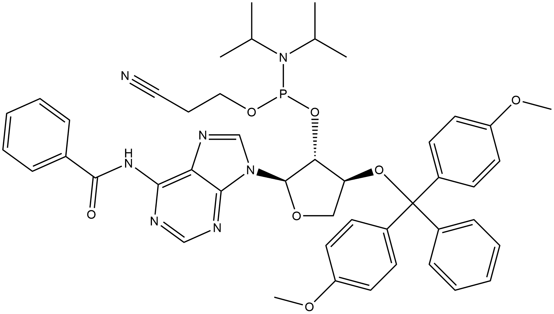 Phosphoramidous acid, N,N-bis(1-methylethyl)-, (2R,3R,4S)-2-[6-(benzoylamino)-9H-purin-9-yl]-4-[bis(4-methoxyphenyl)phenylmethoxy]tetrahydro-3-furanyl 2-cyanoethyl ester 구조식 이미지