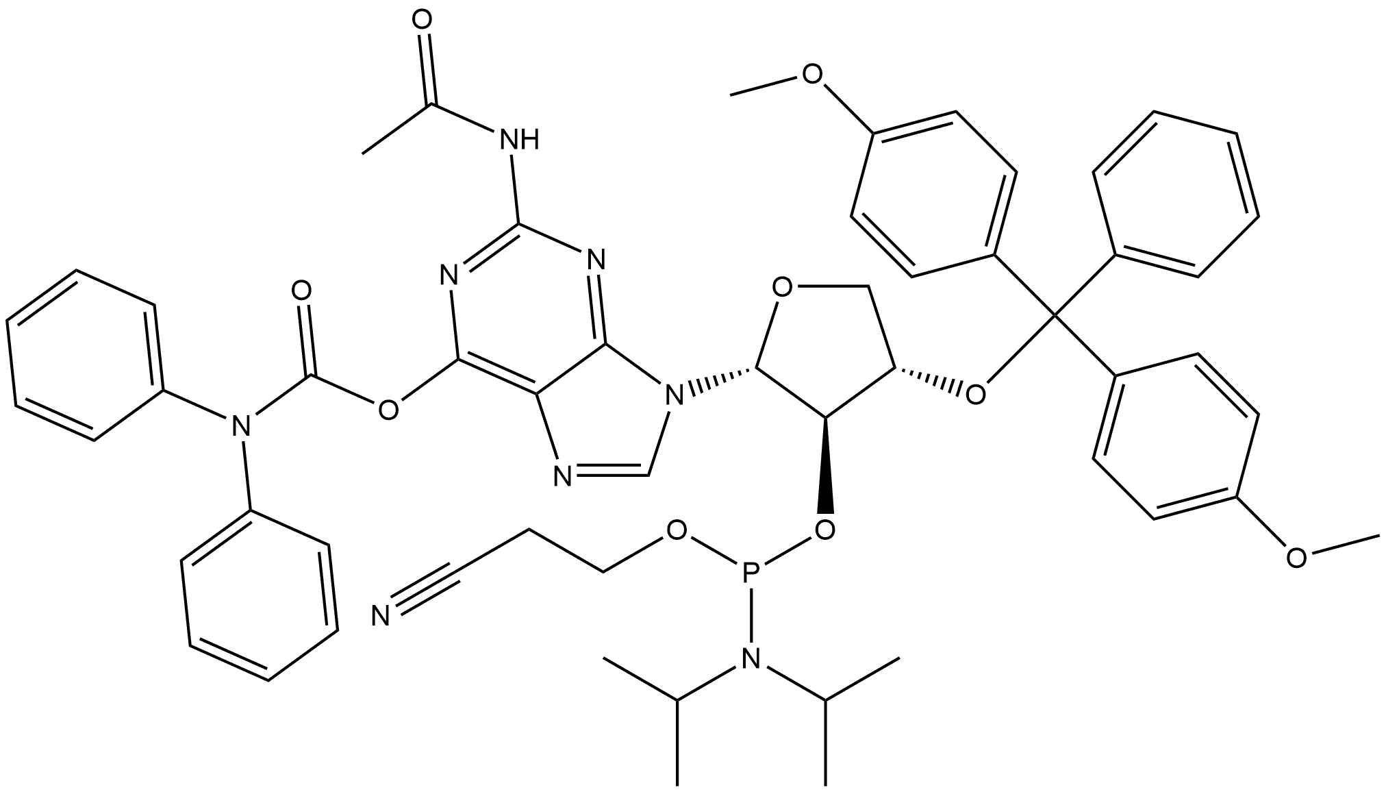 Phosphoramidous acid, bis(1-methylethyl)-, (2R,3R,4S)-2-[2-(acetylamino)-6-[[(diphenylamino)carbonyl]oxy]-9H-purin-9-yl]-4-[bis(4-methoxyphenyl)phenylmethoxy]tetrahydro-3-furanyl 2-cyanoethyl ester (9CI) Structure