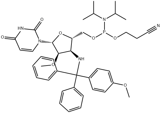 Uridine, 3'-?deoxy-?3'-?[[(4-?methoxyphenyl)?diphenylmethyl]?amino]?-?2'-?O-?methyl-?, 5'-?[2-?cyanoethyl bis(1-?methylethyl)?phosphoramidite] (9CI) Structure