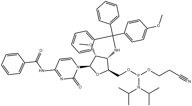 Cytidine, N-?benzoyl-?3'-?deoxy-?3'-?[[(4-?methoxyphenyl)?diphenylmethyl]?amino]?-?2'-?O-?methyl-?, 5'-?[2-?cyanoethyl bis(1-?methylethyl)?phosphoramidite] (9CI) Structure