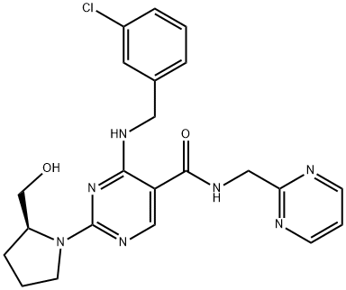 5-Pyrimidinecarboxamide, 4-[[(3-chlorophenyl)methyl]amino]-2-[(2S)-2-(hydroxymethyl)-1-pyrrolidinyl]-N-(2-pyrimidinylmethyl)- 구조식 이미지