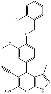 Pyrano[2,3-c]pyrazole-5-carbonitrile, 6-amino-4-[4-[(2-chlorophenyl)methoxy]-3-methoxyphenyl]-1,4-dihydro-3-methyl- Structure