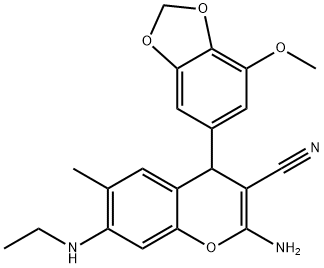 4 H -1-Benzopyran-3-carbonitrile, 2-amino-7-(ethylamino)-4-(7-methoxy-1,3-benzodioxol-5-yl)-6-methyl- (9CI, ACI) Structure