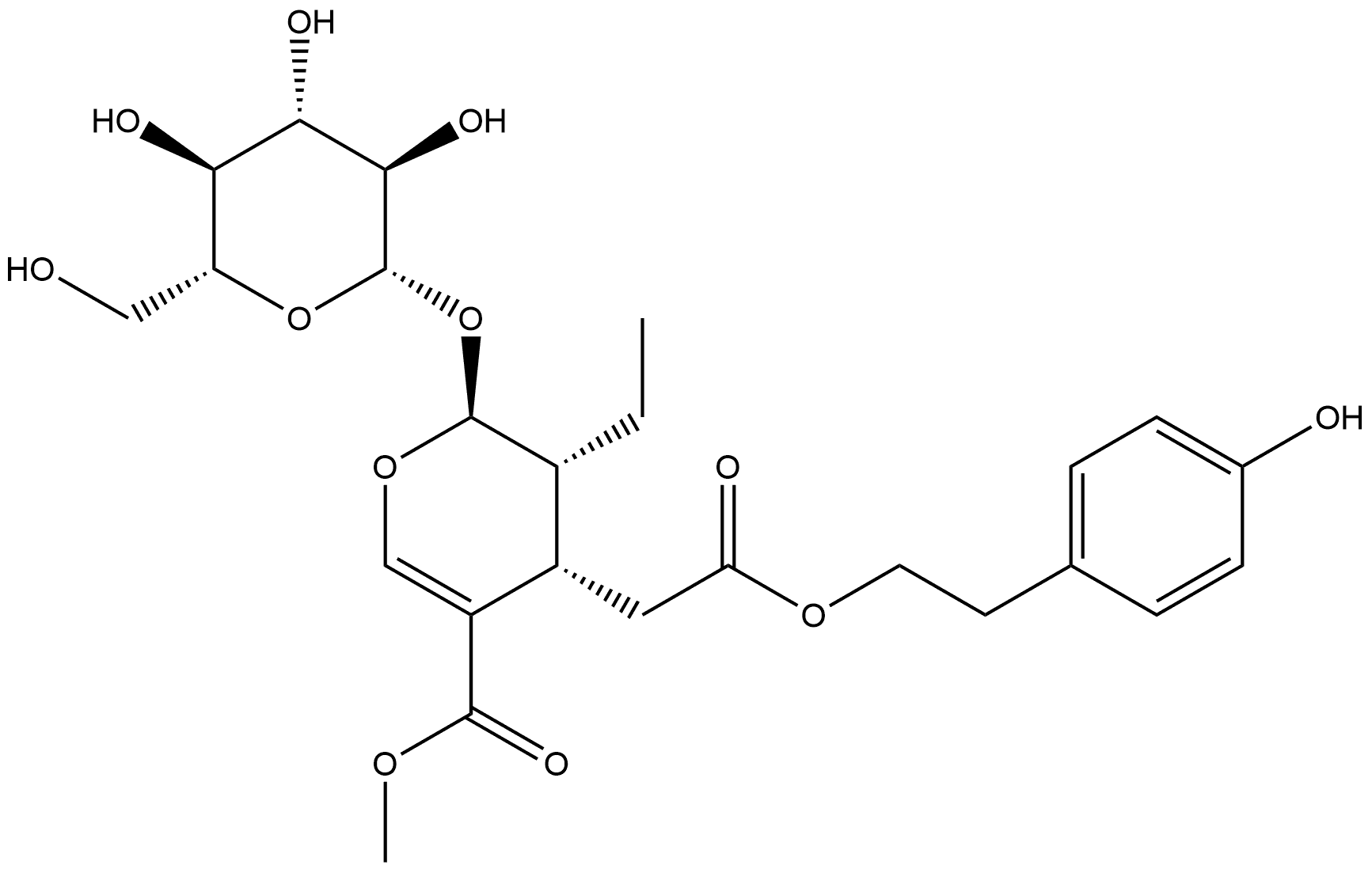 2H-Pyran-4-acetic acid, 3-ethyl-2-(β-D-glucopyranosyloxy)-3,4-dihydro-5-(methoxycarbonyl)-, 2-(4-hydroxyphenyl)ethyl ester, (2S,3R,4S)- Structure