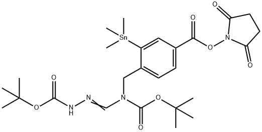 Benzoic acid, 4-[[[(1,1-dimethylethoxy)carbonyl][[[(1,1-dimethylethoxy)carbonyl]amino]iminomethyl]amino]methyl]-3-(trimethylstannyl)-, 2,5-dioxo-1-pyrrolidinyl ester Structure