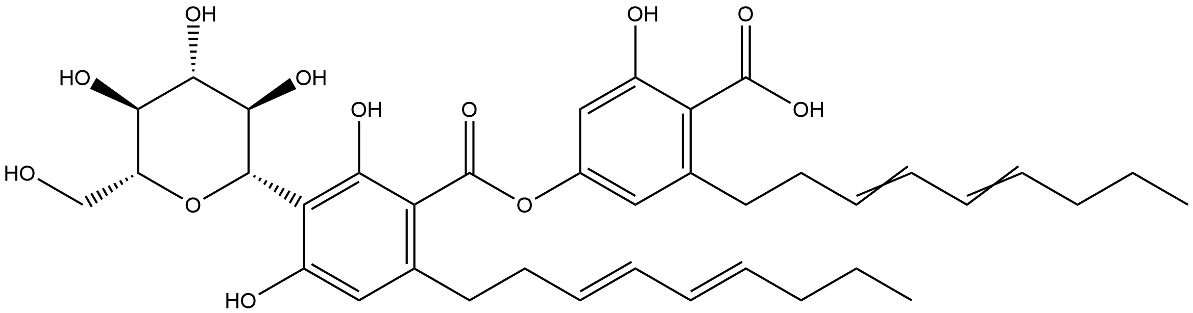 Benzoic acid, 3-β-D-glucopyranosyl-2,4-dihydroxy-6-(3E,5E)-3,5-nonadien-1-yl-, 4-carboxy-3-hydroxy-5-(3E,5E)-3,5-nonadien-1-ylphenyl ester Structure