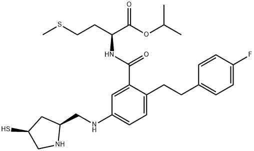 N-[2-[2-(4-Fluorophenyl)ethyl]-5-[[[(2S,4S)-4-mercapto-2-pyrrolidinyl]methyl]amino]benzoyl]-L-methionine 1-methylethyl ester 구조식 이미지