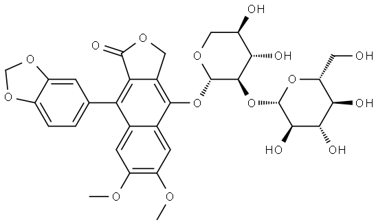 Naphtho[2,3-c]furan-1(3H)-one, 9-(1,3-benzodioxol-5-yl)-4-[(2-O-β-D-glucopyranosyl-β-D-xylopyranosyl)oxy]-6,7-dimethoxy- Structure