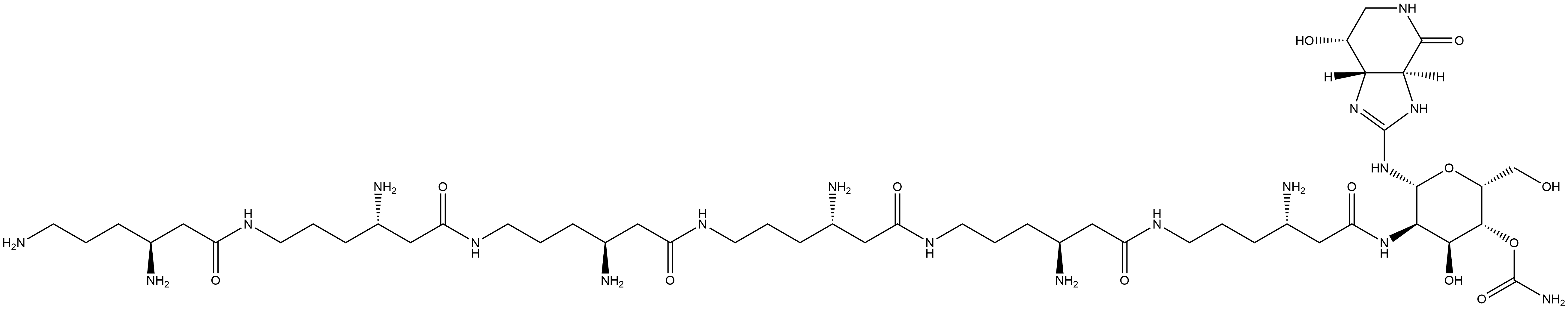 4H-Imidazo[4,5-c]pyridin-4-one, 2-[[4-O-(aminocarbonyl)-2-deoxy-2-[[(3S,10S,17S,24S,31S,38S)-3,10,17,24,31,38,41-heptaamino-1,8,15,22,29,36-hexaoxo-7,14,21,28,35-pentaazahentetracont-1-yl]amino]-β-D-gulopyranosyl]amino]-3,3a,5,6,7,7a-hexahydro-7-hydroxy-, (3aS,7R,7aS)- Structure