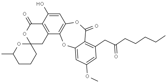 Spiro[2H,8H-[1,4]benzodioxepino[2,3-f][2]benzopyran-2,2'-[2H]pyran]-4,8(1H)-dione, 3',4',5',6'-tetrahydro-5-hydroxy-11-methoxy-6'-methyl-9-(2-oxoheptyl)- Structure