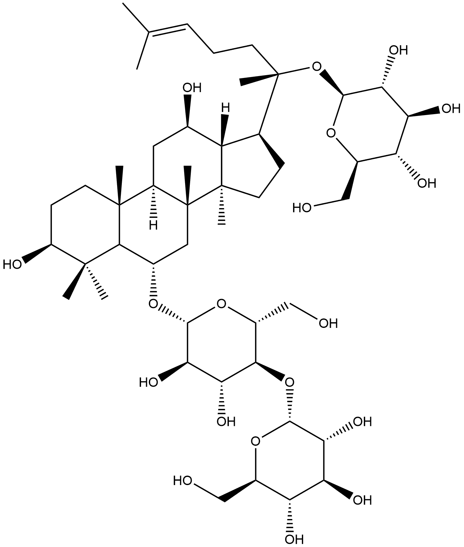 β-D-Glucopyranoside, (3β,6α,12β)-20-(β-D-glucopyranosyloxy)-3,12-dihydroxydammar-24-en-6-yl 4-O-α-D-glucopyranosyl- Structure