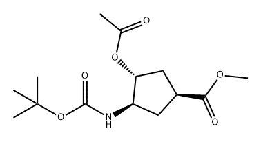 Cyclopentanecarboxylic acid, 3-(acetyloxy)-4-[[(1,1-dimethylethoxy)carbonyl]amino]-, methyl ester, (1S,3R,4R)- Structure