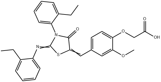 Acetic acid, 2-[4-[[3-(2-ethylphenyl)-2-[(2-ethylphenyl)imino]-4-oxo-5-thiazolidinylidene]methyl]-2-methoxyphenoxy]- Structure