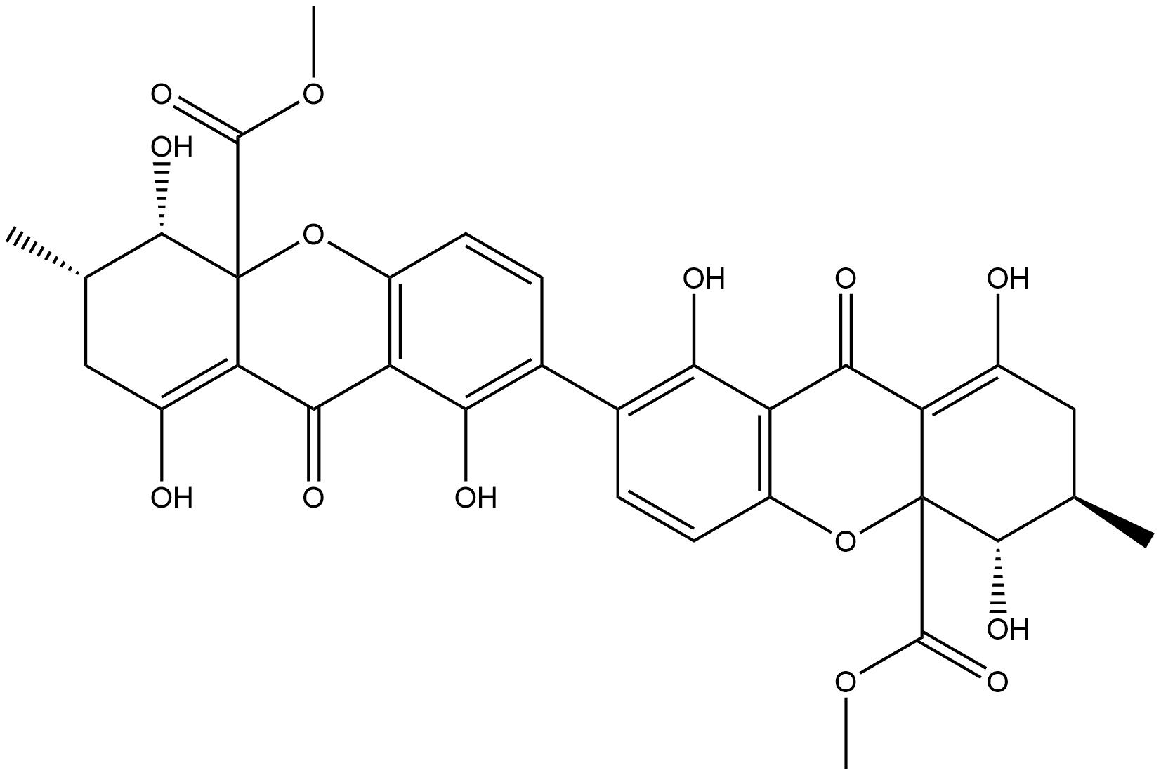 (3S,3'R,4S,4'S,4aS,4'aS)-2,2',3,3',4,4',9,9'-Octahydro-1,1',4,4',8,8'-hexahydroxy-3,3'-dimethyl-9,9'-dioxo-7,7'-bi(4aH-xanthene)-4a,4'a-dicarboxylic acid dimethyl ester 구조식 이미지