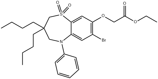 Acetic acid, 2-[(7-bromo-3,3-dibutyl-2,3,4,5-tetrahydro-1,1-dioxido-5-phenyl-1,5-benzothiazepin-8-yl)oxy]-, ethyl ester Structure