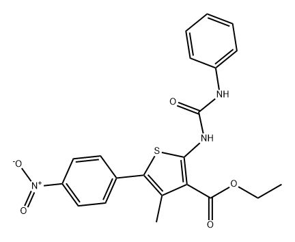 3-Thiophenecarboxylic acid, 4-methyl-5-(4-nitrophenyl)-2-[[(phenylamino)carbonyl]amino]-, ethyl ester 구조식 이미지