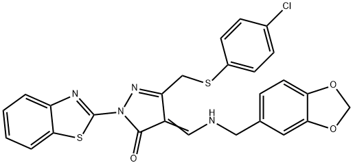 3H-Pyrazol-3-one, 4-[[(1,3-benzodioxol-5-ylmethyl)amino]methylene]-2-(2-benzothiazolyl)-5-[[(4-chlorophenyl)thio]methyl]-2,4-dihydro- Structure