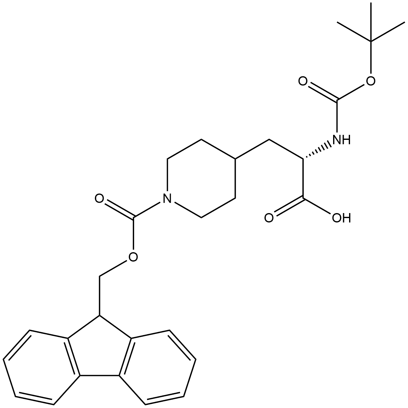 4-Piperidinepropanoic acid, α-[[(1,1-dimethylethoxy)carbonyl]amino]-1-[(9H-fluoren-9-ylmethoxy)carbonyl]-, (αS)- 구조식 이미지