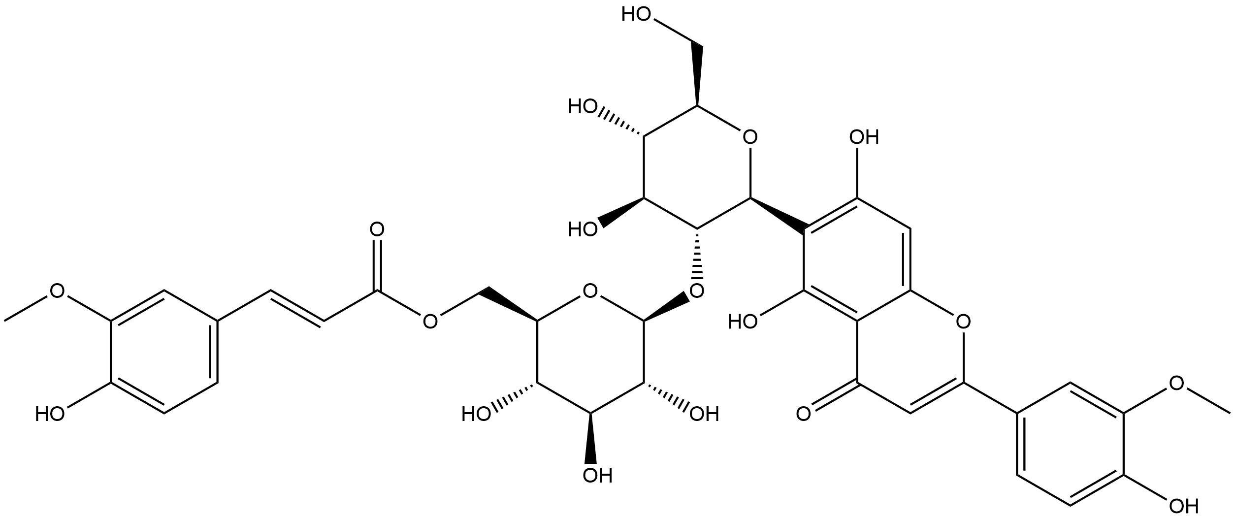 4H-1-Benzopyran-4-one, 5,7-dihydroxy-2-(4-hydroxy-3-methoxyphenyl)-6-[2-O-[6-O-[(2E)-3-(4-hydroxy-3-methoxyphenyl)-1-oxo-2-propen-1-yl]-β-D-glucopyranosyl]-β-D-glucopyranosyl]- Structure