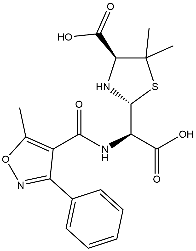 2-Thiazolidineacetic acid, 4-carboxy-5,5-dimethyl-α-[[(5-methyl-3-phenyl-4-isoxazolyl)carbonyl]amino]-, (αR,2R,4S)- Structure