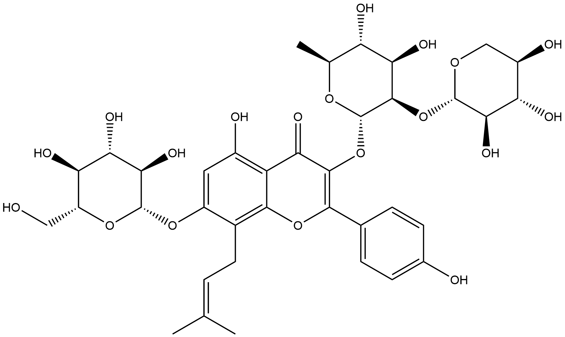 4H-1-Benzopyran-4-one, 3-[(6-deoxy-2-O-β-D-xylopyranosyl-α-L-mannopyranosyl)oxy]-7-(β-D-glucopyranosyloxy)-5-hydroxy-2-(4-hydroxyphenyl)-8-(3-methyl-2-buten-1-yl)- Structure