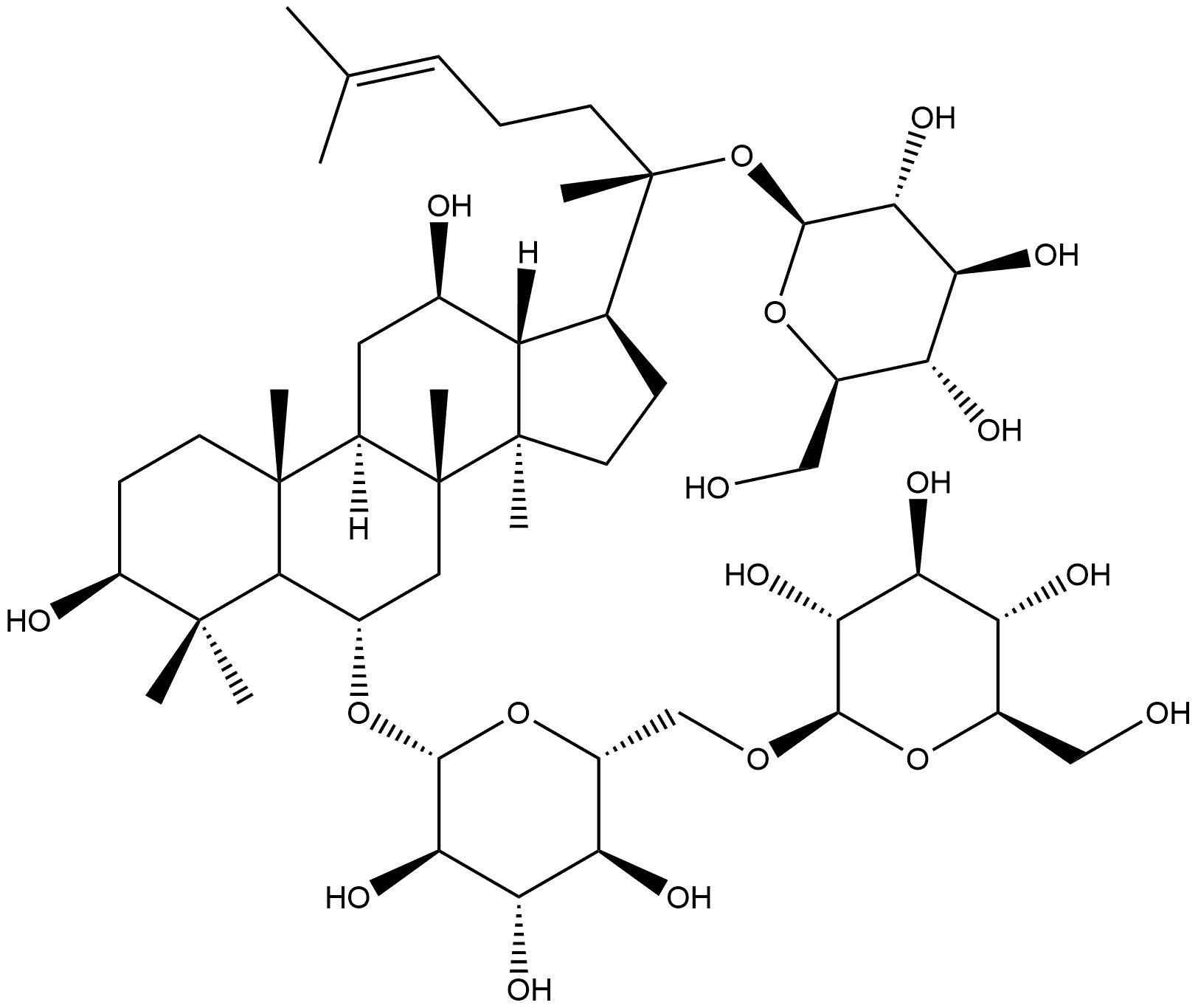 β-D-Glucopyranoside, (3β,6α,12β)-20-(β-D-glucopyranosyloxy)-3,12-dihydroxydammar-24-en-6-yl 6-O-β-D-glucopyranosyl- 구조식 이미지