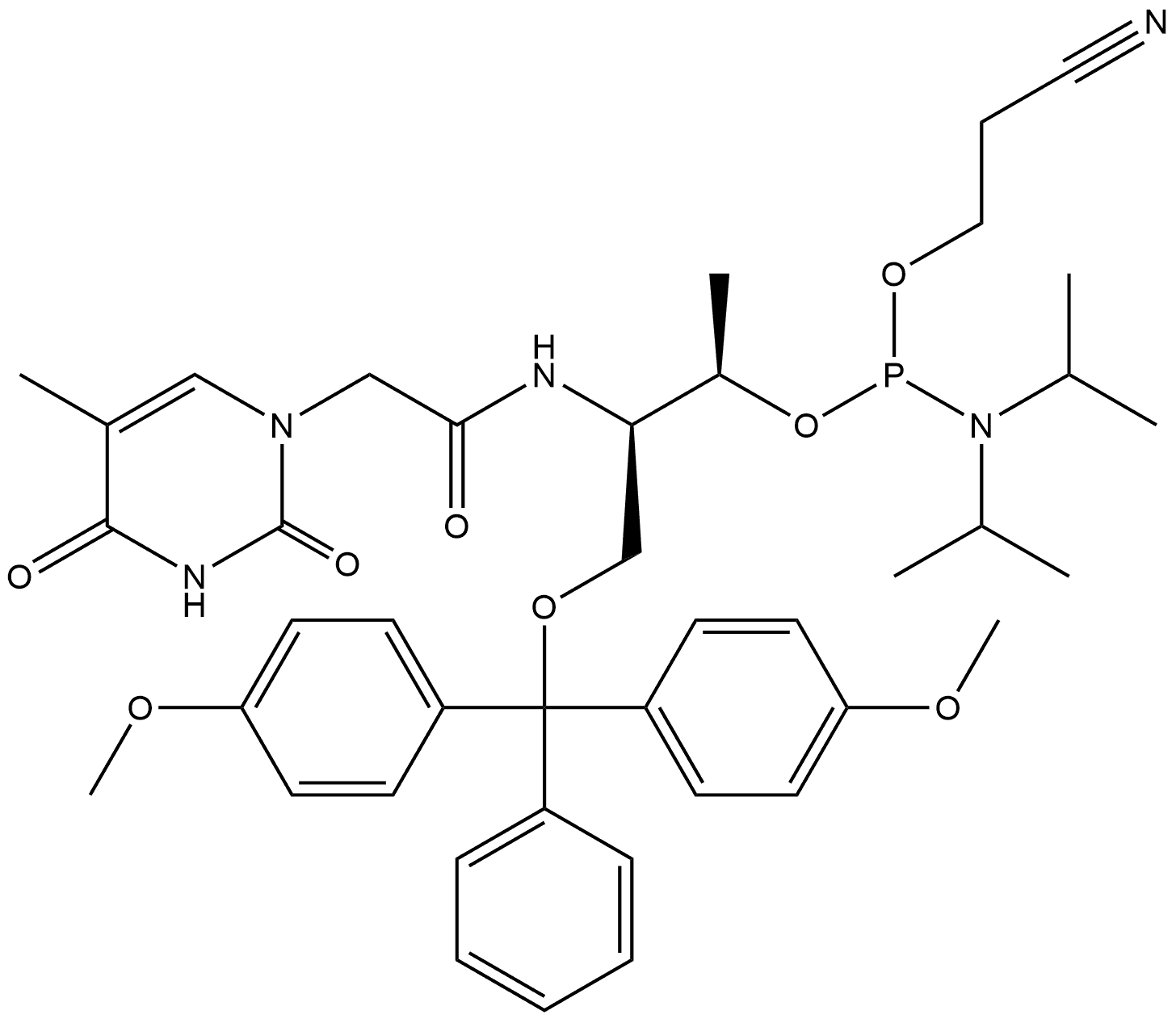 Phosphoramidous acid, bis(1-methylethyl)-, (1R,2R)-3-[bis(4-methoxyphenyl)phenylmethoxy]-2-[[(3,4-dihydro-5-methyl-2,4-dioxo-1(2H)-pyrimidinyl)acetyl]amino]-1-methylpropyl 2-cyanoethyl ester (9CI) Structure