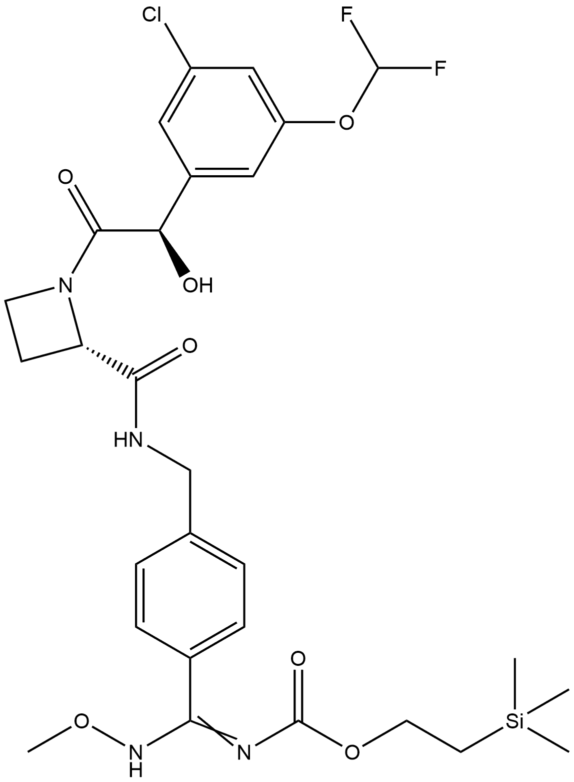 Carbamic acid, [[4-[[[[(2S)-1-[(2R)-[3-chloro-5-(difluoromethoxy)phenyl]hydroxyacetyl]-2-azetidinyl]carbonyl]amino]methyl]phenyl](methoxyamino)methylene]-, 2-(trimethylsilyl)ethyl ester (9CI) Structure