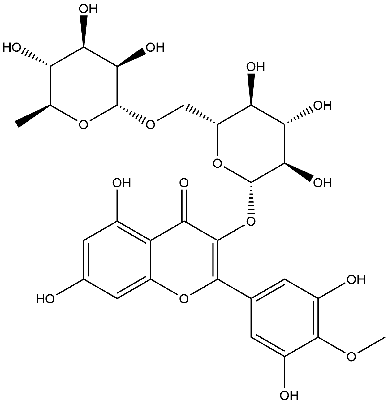 4H-1-Benzopyran-4-one, 3-[[6-O-(6-deoxy-α-L-mannopyranosyl)-β-D-glucopyranosyl]oxy]-2-(3,5-dihydroxy-4-methoxyphenyl)-5,7-dihydroxy- Structure