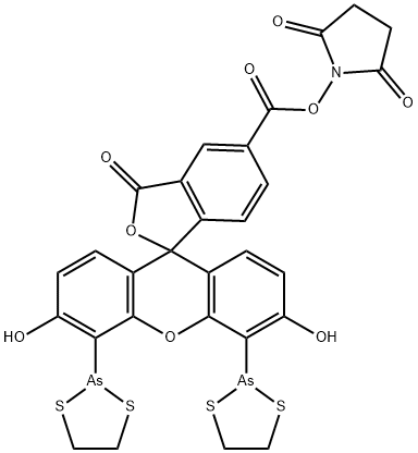 Spiro[isobenzofuran-1(3H),9'-[9H]xanthene]-5-carboxylic acid, 4',5'-di-1,3,2-dithiarsolan-2-yl-3',6'-dihydroxy-3-oxo-, 2,5-dioxo-1-pyrrolidinyl ester Structure