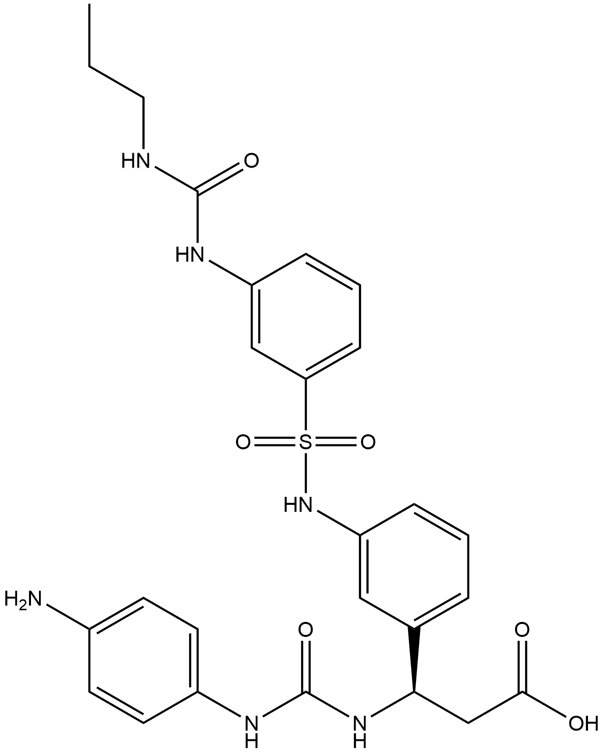 Benzenepropanoic acid, β-[[[(4-aminophenyl)amino]carbonyl]amino]-3-[[[3-[[(propylamino)carbonyl]amino]phenyl]sulfonyl]amino]-, (βR)- Structure