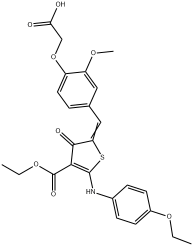 3-Thiophenecarboxylic acid, 5-[[4-(carboxymethoxy)-3-methoxyphenyl]methylene]-2-[(4-ethoxyphenyl)amino]-4,5-dihydro-4-oxo-, 3-ethyl ester 구조식 이미지