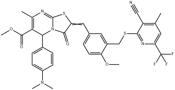 methyl 2-[3-({[3-cyano-4-methyl-6-(trifluoromethyl)-2-pyridinyl]sulfanyl}methyl)-4-methoxybenzylidene]-5-[4-(dimethylamino)phenyl]-7-methyl-3-oxo-2,3-dihydro-5H-[1,3]thiazolo[3,2-a]pyrimidine-6-carbox
ylate Structure