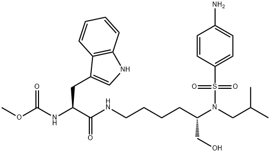 Carbamic acid, N-[(1S)-2-[[(5S)-5-[[(4-aminophenyl)sulfonyl](2-methylpropyl)amino]-6-hydroxyhexyl]amino]-1-(1H-indol-3-ylmethyl)-2-oxoethyl]-, methyl ester Structure